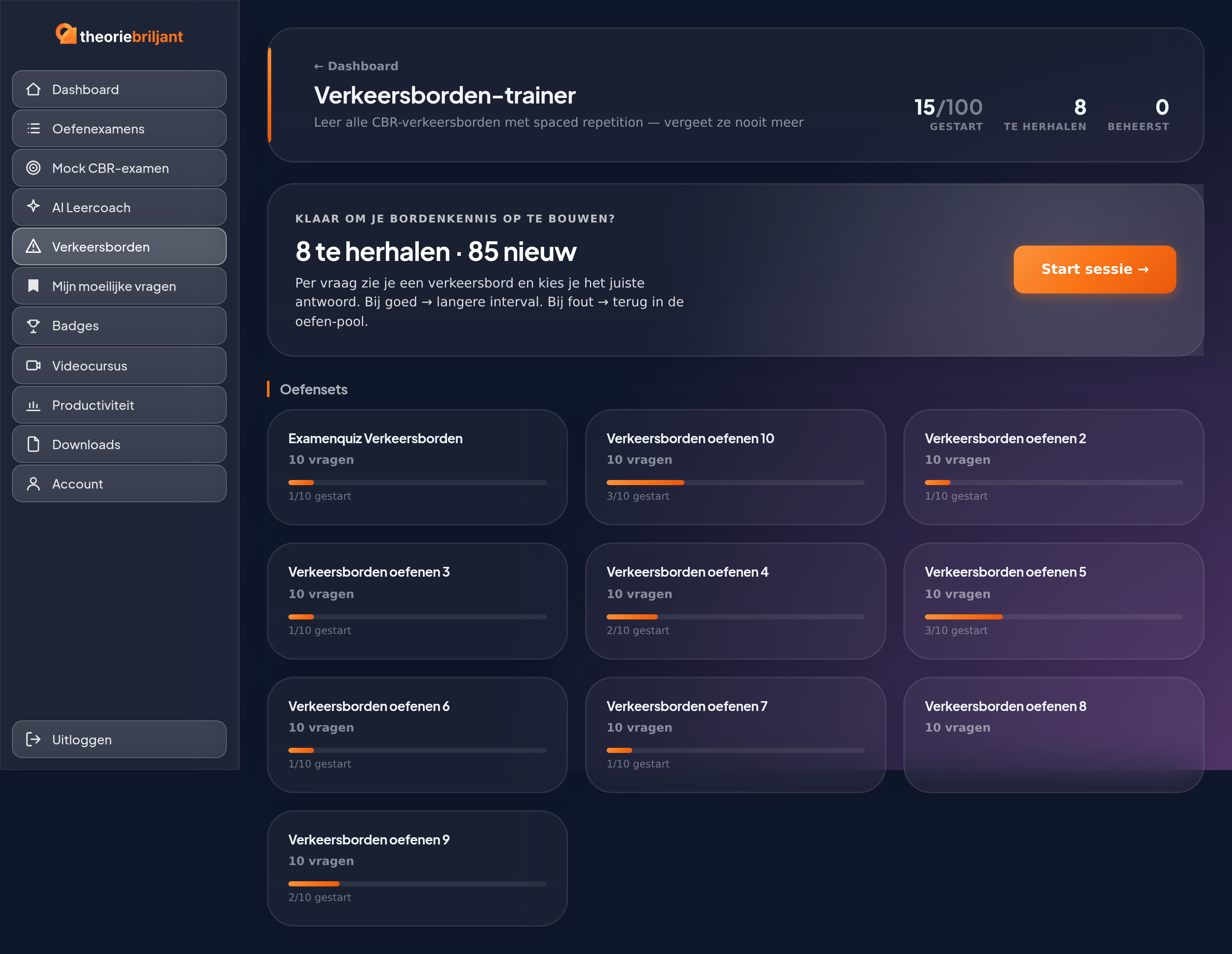 Screenshot van de Theoriebriljant verkeersborden-trainer met een bord in een verkeerssituatie